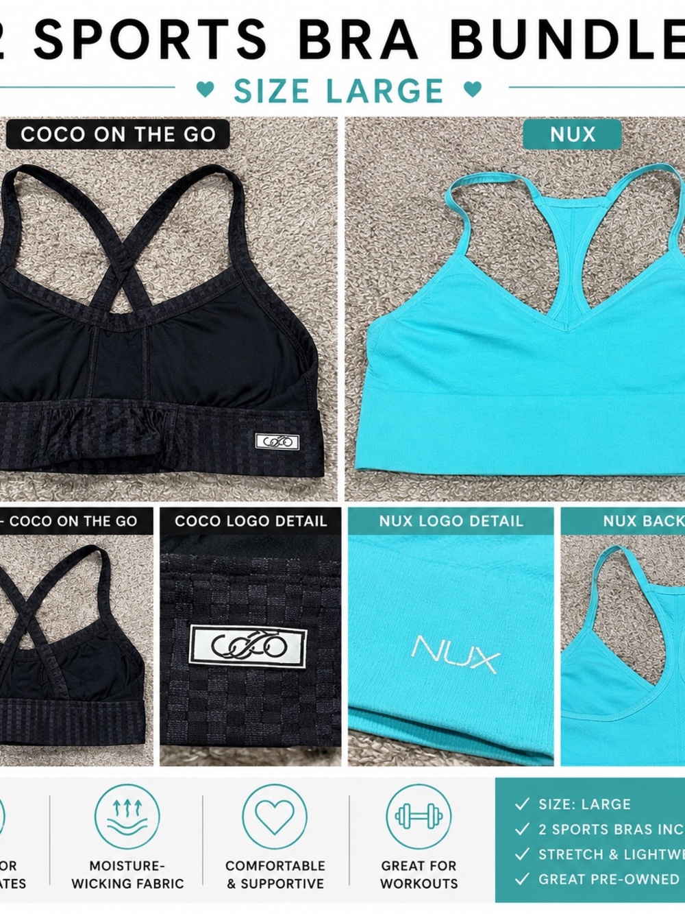 NUX & Coco On The Go Sports Bra Bundle Size Large